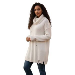 A NEW DAY DISTRESSED CREAM COWL-NECK SWEATER SZ.L EUC